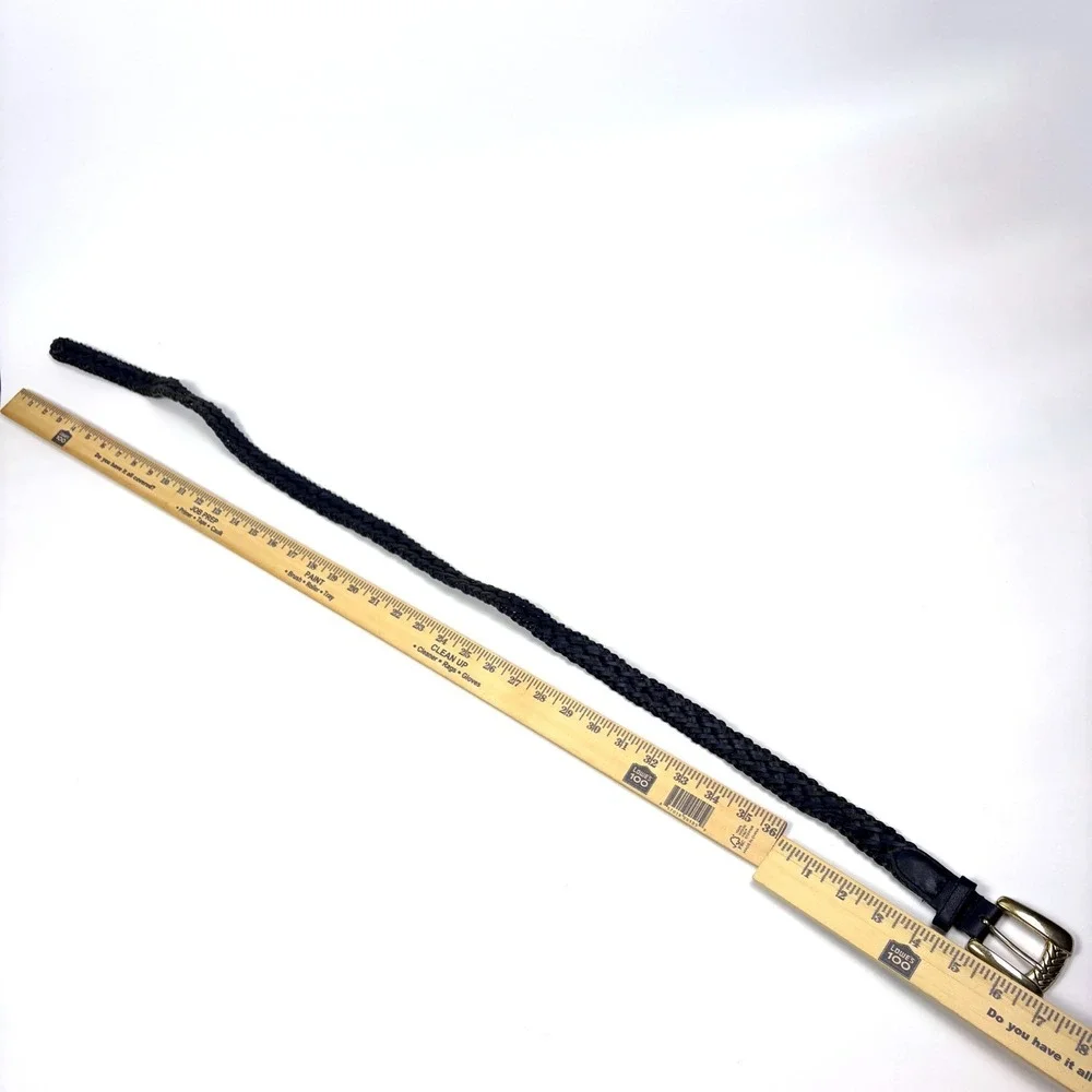 VTG 80s Chic Brand Braided Genuine Leather Belt Womans Sz L Navy Blue‎ Gold Tone
